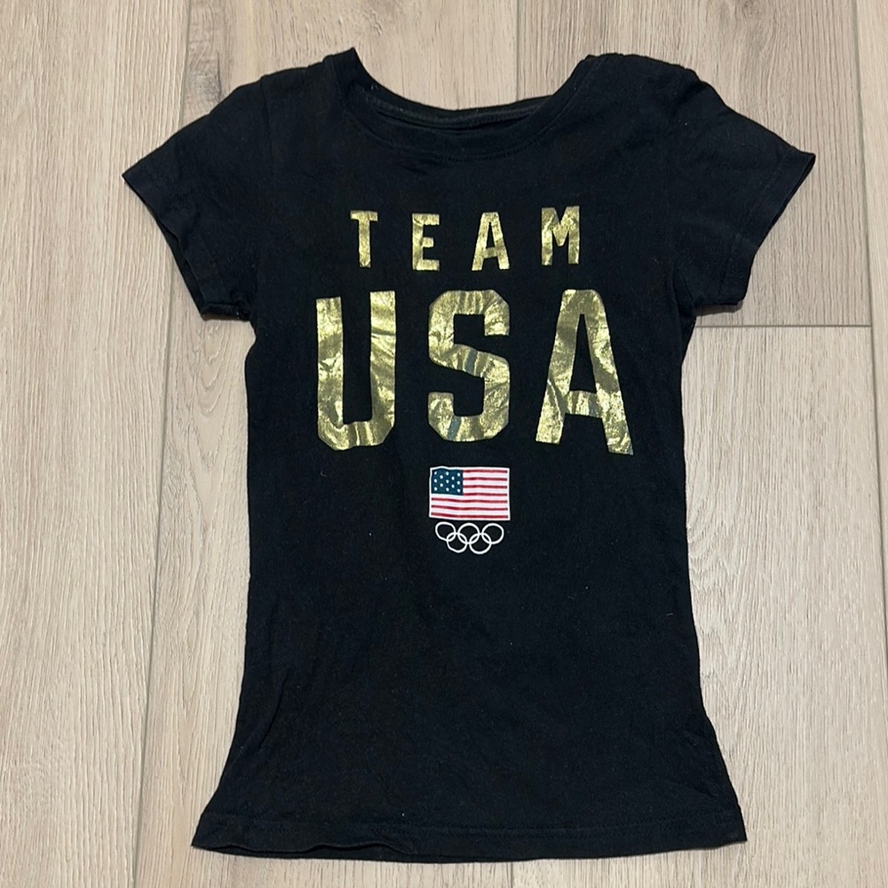 Team USA Olympics T Shirt Girls Size Medium 7/8 7 8 Black Metallic Gold Flag